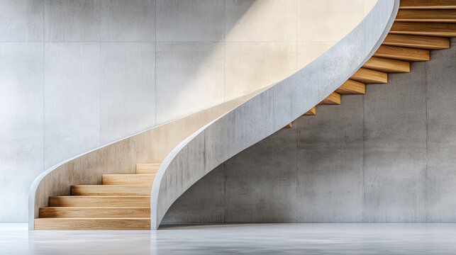 Elegant spiral staircase design with wooden steps and smooth concrete wall, creating serene
