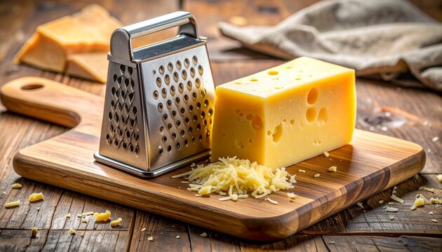 Grated Cheese and Cheese Block on a Wooden Cutting Board with a Grater.