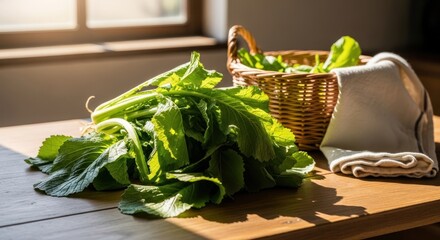 Freshly harvested mustard greens on a wooden table in warm sunlight evoke the freshness of organic