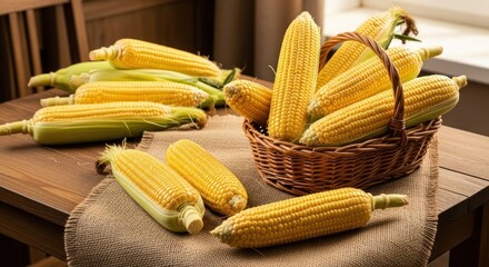Freshly harvested corn on the cob, a basket full of healthy produce on a rustic table