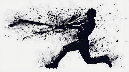 Silhouette of a baseball player swinging a bat with abstract ink splatter background design art