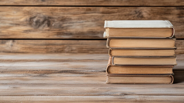 Stack of old books on wooden table evokes warm, nostalgic feeling