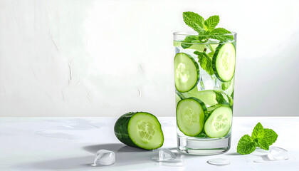 Fresh cucumber and mint water in glass with transparent background