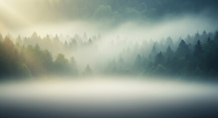 Atmospheric misty forest with light gradient and open copy space for nature or wellness visuals.