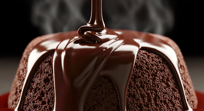 Melted chocolate slowly dripping over a chocolate petit gateau, thick and glossy texture with detailed chocolate cream texture.