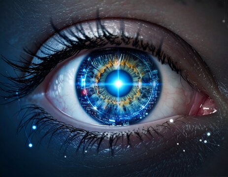 Macro shot of a human eye with digital circuitry overlay creating a futuristic, technological aesthetic. Focus on iris, with details of blood vessels and eyelashes