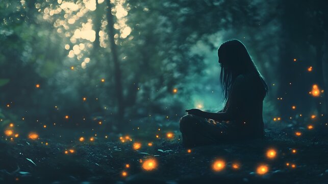 A woman sits in a dark forest surrounded by glowing fireflies, her silhouette illuminated by the ethereal light. - Powered by Adobe