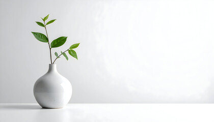 Green leaves in white vase on minimalist background