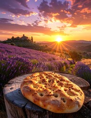 A sunset illuminates a rural landscape with a field of purple flowers, a village on a hill, and rustic bread