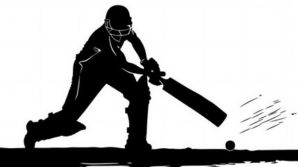 Silhouette of cricket player hitting ball with bat in action pose on white background illustration