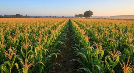 Scenic morning view of a lush green cornfield under a clear blue sky agriculture