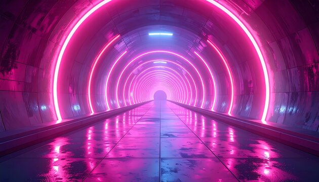 A neon-lit tunnel with concentric pink rings illuminates a metallic, wet surface, leading to bright light at its end - Powered by Adobe