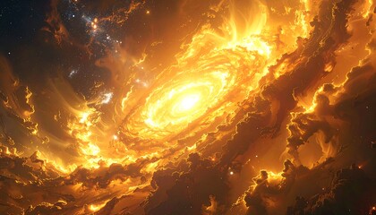 Cosmic fiery vortex against a backdrop of stardust and nebulous clouds