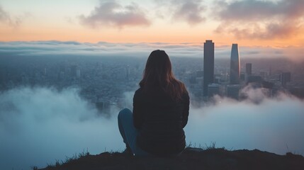A woman sits on a hilltop overlooking a city shrouded in fog, the sky a vibrant orange and pink.
