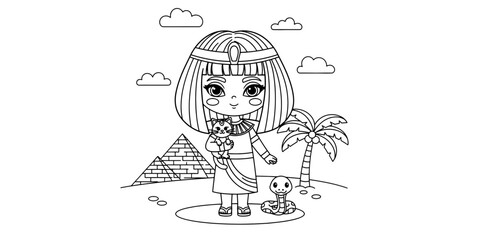 Little Cleopatra and Her Chibi Snake – Fun Egyptian Coloring Page for Kids