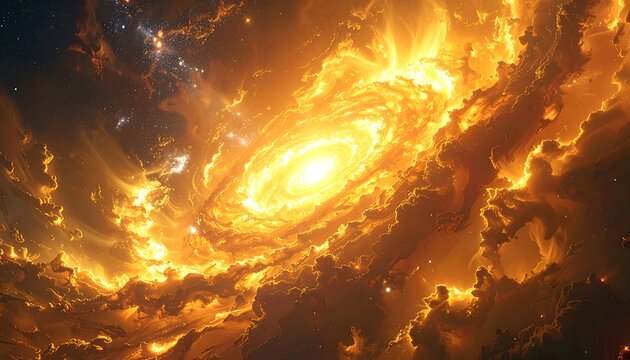 Cosmic fiery vortex against a backdrop of stardust and nebulous clouds