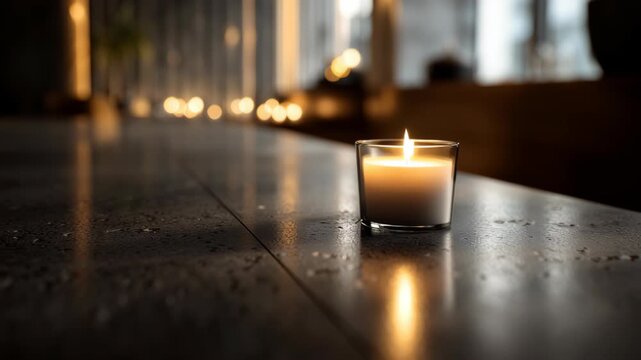 Macro shot candle glow reflecting on matte modern countertop surface, elegant restrained commercial vibe, hanukkah in modern life