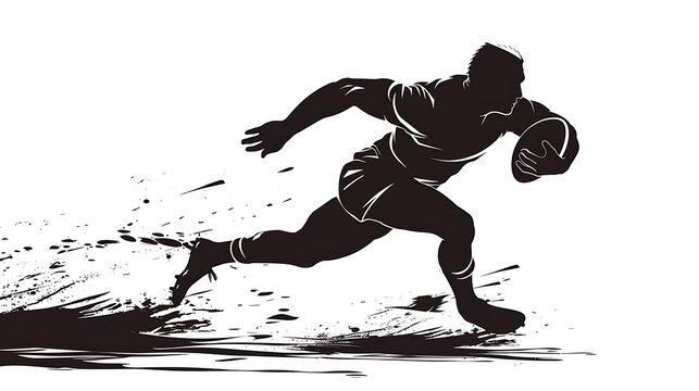 Silhouette of a rugby player running with the ball in hand on a white background with black splatters