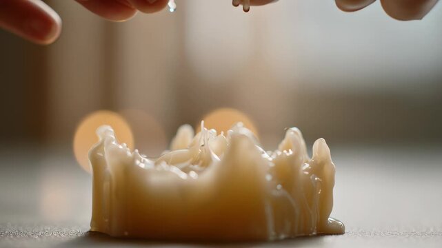 Macro shot candle wax droplet forming while hands interact in soft background, premium still life documentary tone, modern family Hanukkah tradition
