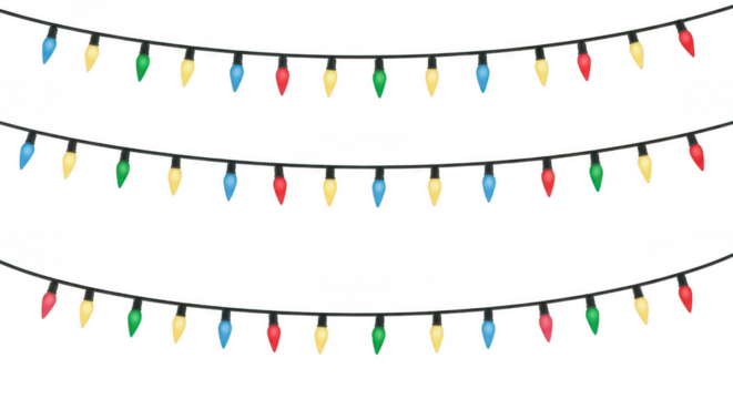Three strings of colorful christmas lights isolated on transparent background