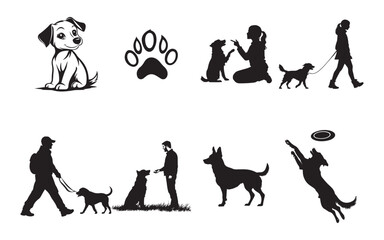 Dog Silhouette Collection with Training, Walking, and Playing Illustrations