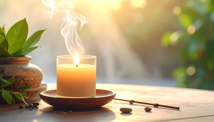 Aromatic candle with soft smoke and green leaves