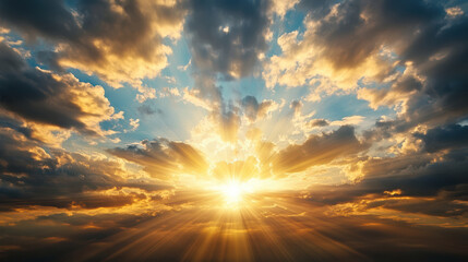 Bright sun rays breaking through storm clouds create peaceful atmosphere