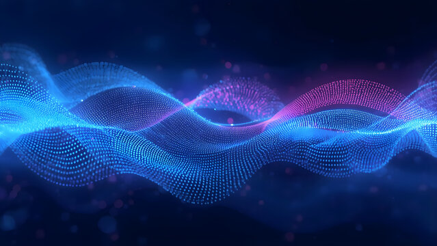 Elegant abstract wave motion design made of glowing AI particles and smooth blur lights in blue and pink tones, ideal for modern tech and digital visuals. - Powered by Adobe