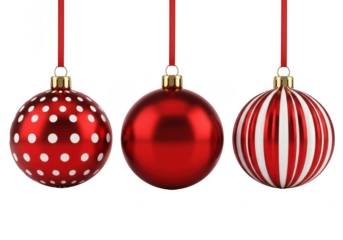 Three shiny red christmas baubles with different patterns, hanging on red ribbons, isolated on transparent background
