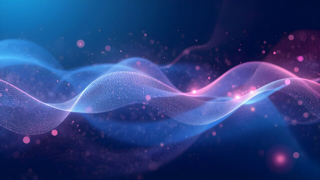 Elegant abstract wave motion design made of glowing AI particles and smooth blur lights in blue and pink tones, ideal for modern tech and digital visuals.