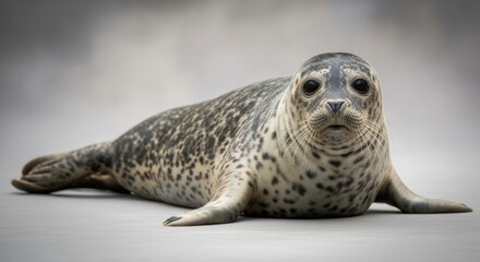 Naklejka premium A seal pup lying on a gray surface with a blurred background.