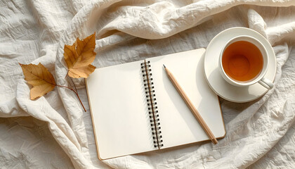 Open notebook with pencil and cup of tea on fabric background