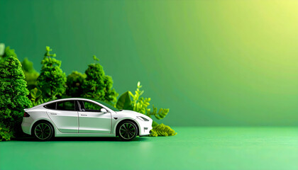 White electric car next to green foliage