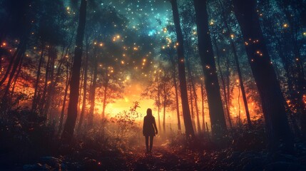 A woman stands in a magical forest with glowing lights and a starry sky above.