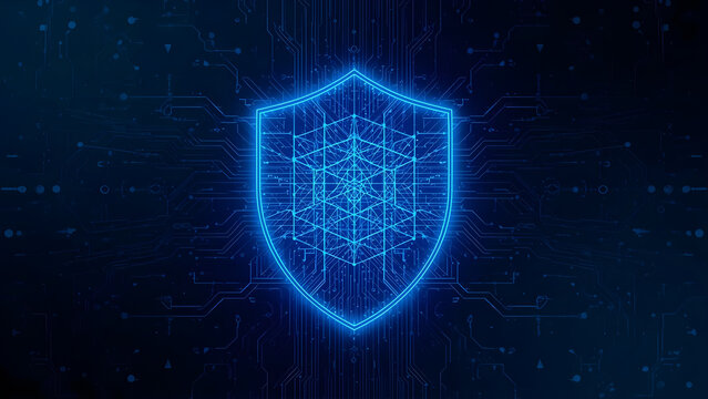 Glowing holographic cyber shield and digital matrix lines on a dark neon background representing cybersecurity and technology protection. Ideal for fintech and tech brands.