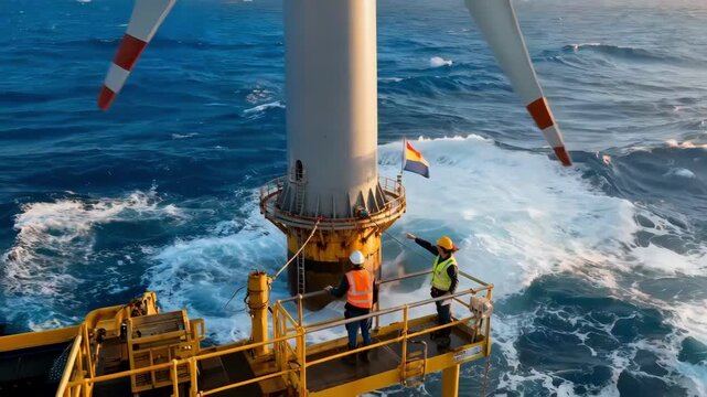 Engineers inspecting foundation alignment amid coastal winds ensuring stability and durability for offshore wind turbine installations driving sustainable power solutions.