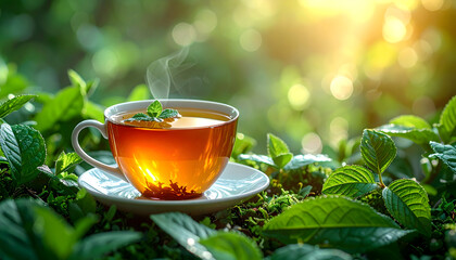 Cup of herbal tea on green leaves with sunlight