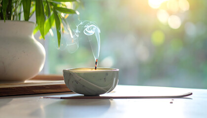 Incense stick burning in marble holder with smoke