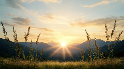 Golden sun setting behind mountains, casting peaceful glow over landscape