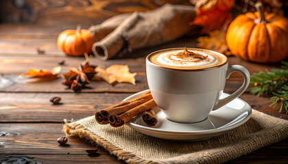 Cup of coffee topped with cinnamon and autumn leaves