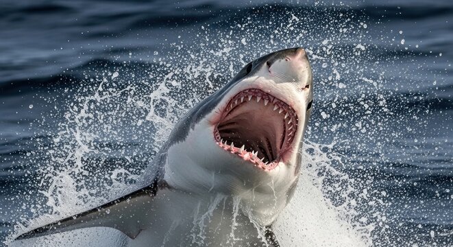 A great white shark leaping out of the water with its mouth open wide.