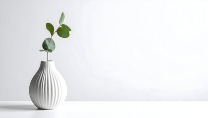Green eucalyptus branch in white ribbed vase