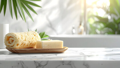Soap and loofah on marble counter with natural light