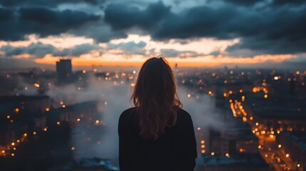 A woman stands silhouetted against a dramatic cityscape, gazing out at a hazy sunrise over the urban sprawl.