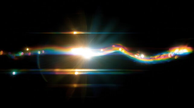 Commercial high-resolution photo of abstract lens flare with rainbow colors and bokeh on black background.