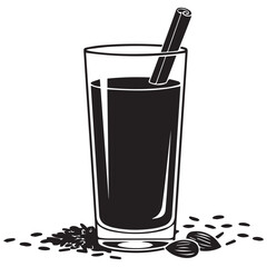 Tall glass of dark beverage with cinnamon stick and almonds