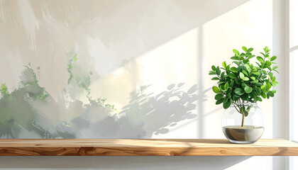 Potted plant on wooden shelf with light and shadow