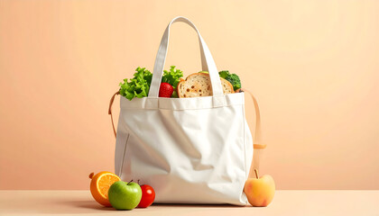 White tote bag filled with fresh groceries