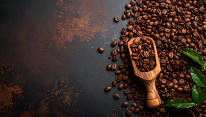 Brown coffee beans with wooden scoop and green leaves