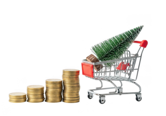 Miniature shopping cart filled with a christmas tree and coins, next to stacks of gold coins, symbolizing holiday shopping and savings, isolated on transparent background